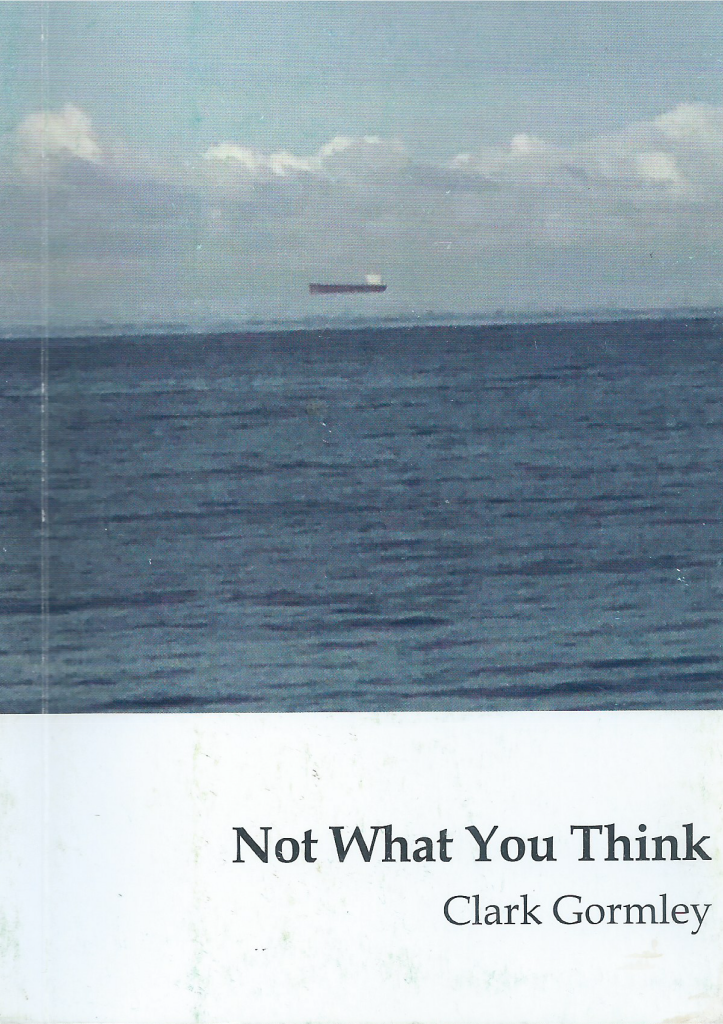 A book cover with a cloudy sky above an expanse of ocean, with a ship on the horizon. A white band across the bottom contains the title and poet's name