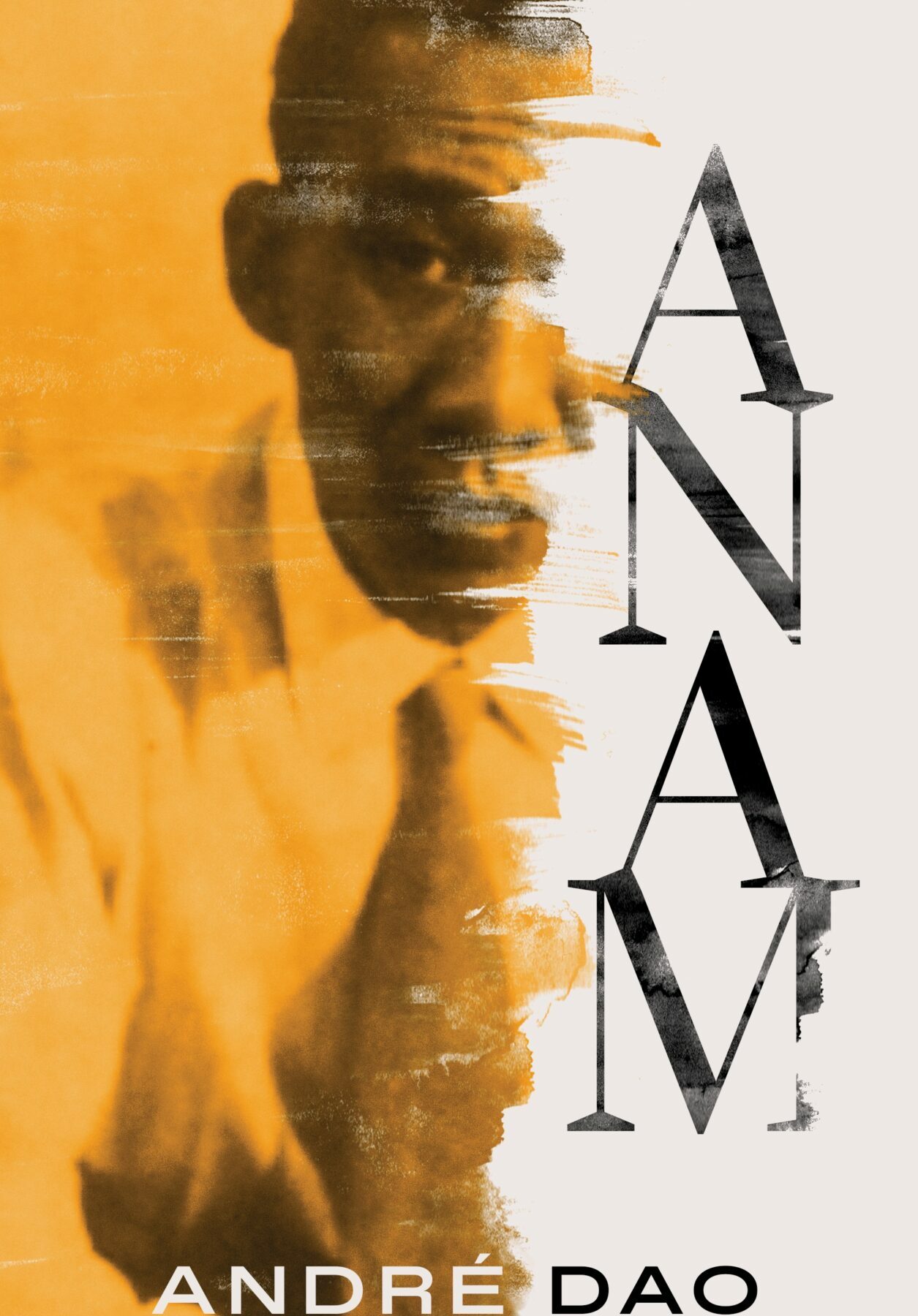 A book cover featuring a yellowed photograph of a black man in a tie leaning forward. The right half of the photograph appears painted over with gray, with the title Anam in black letters over the gray space.