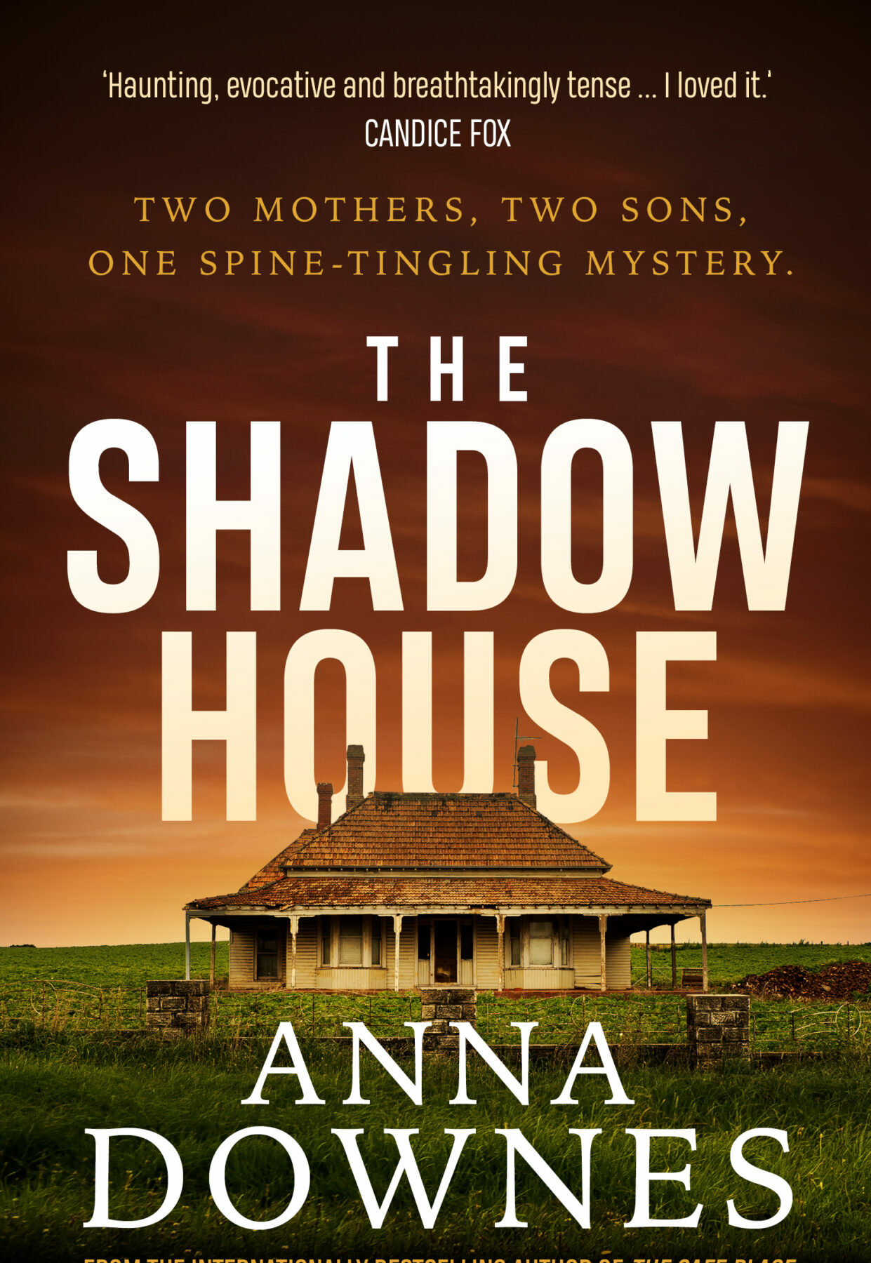 A book cover featuring an image of a house standing alone in a green field with a red sky above and the title The Shadow House in large white letters in the sky.