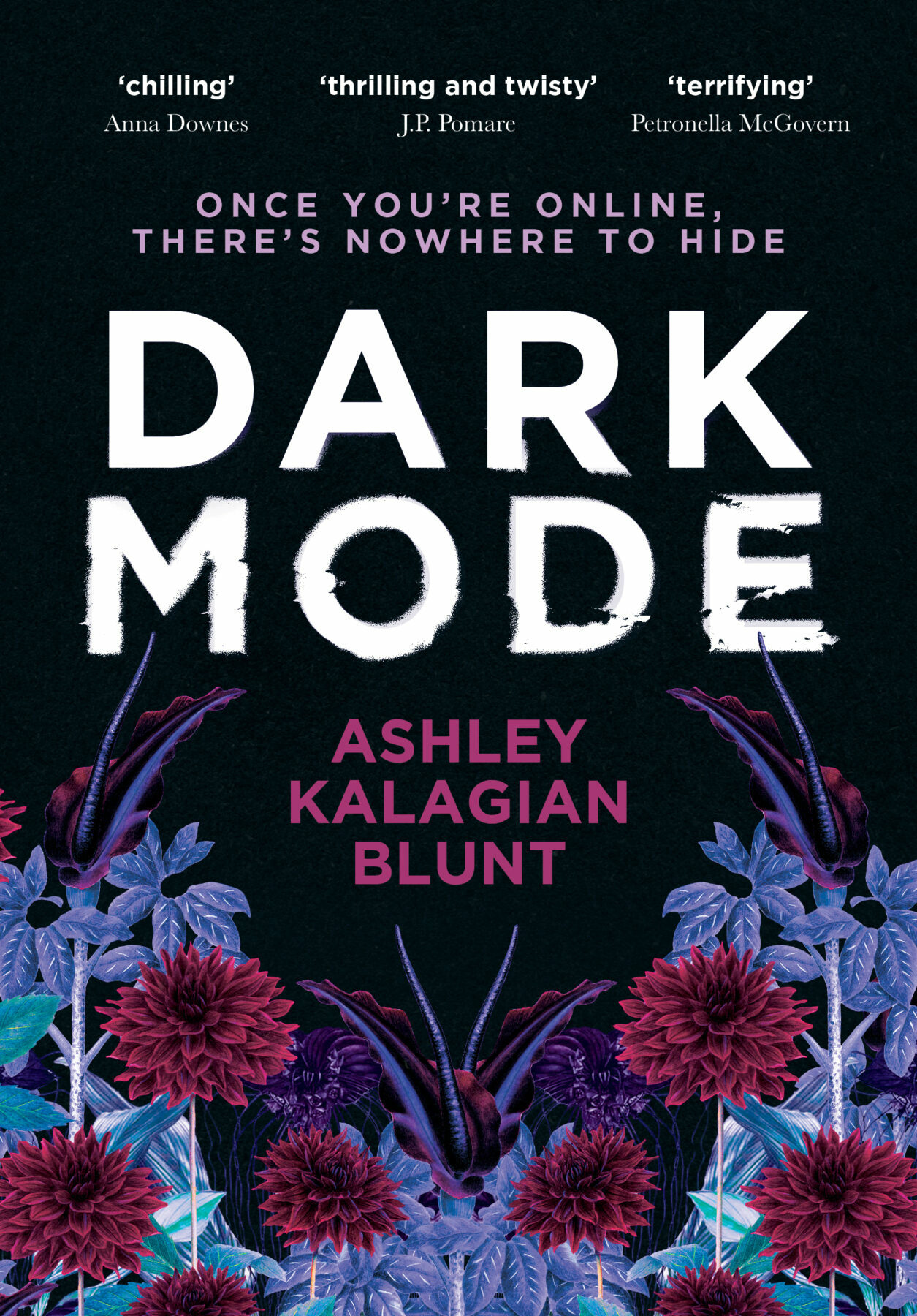 A book cover featuring dark red flowers and blue-gray leaves against a black background and the title in large white letters above