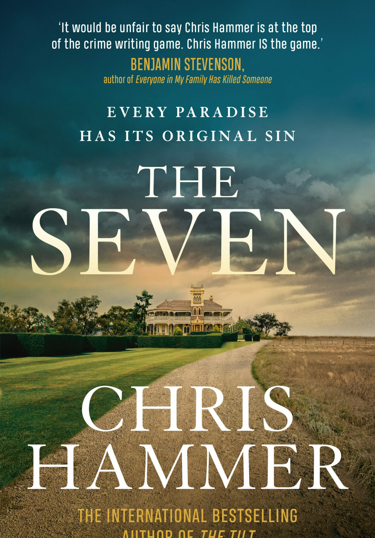 A book cover with a photograph of clouds above a house and green country estate. The title and author are in large white letters over the top