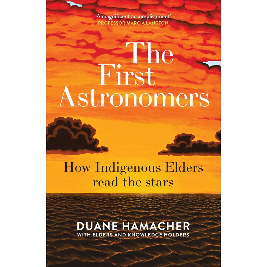An illustrated book cover with red/yellow/brown tones, of a cloudy sky over water and the title in white over the red clouds