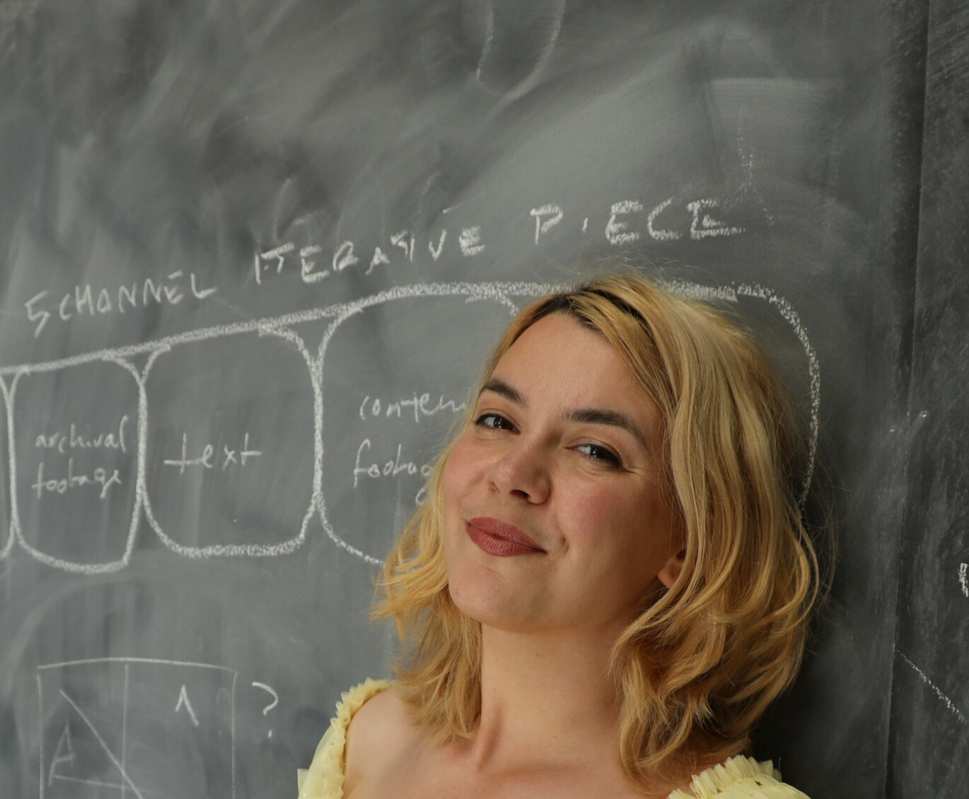 A person with shoulder-length blonde hair and red lipstick leans against a blackboard and smiles closed-lipped