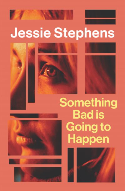 A dark pink book cover with cutout squares showing a photograph of a woman's worried face. The title is in yellow letters in a square of space in the middle