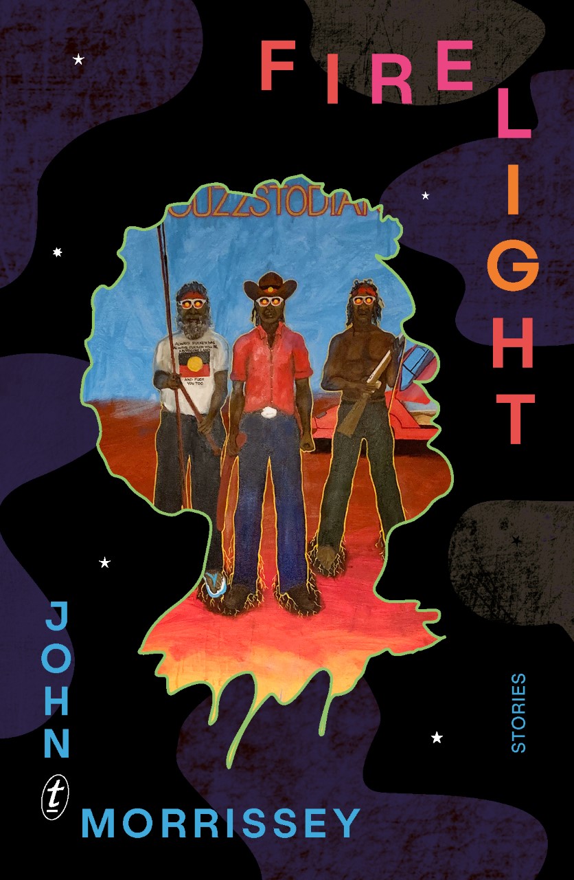 A book cover featuring an illustration of three Aboriginal men inside an outline of a face in profile. The title and author name frame two opposite corners of the book