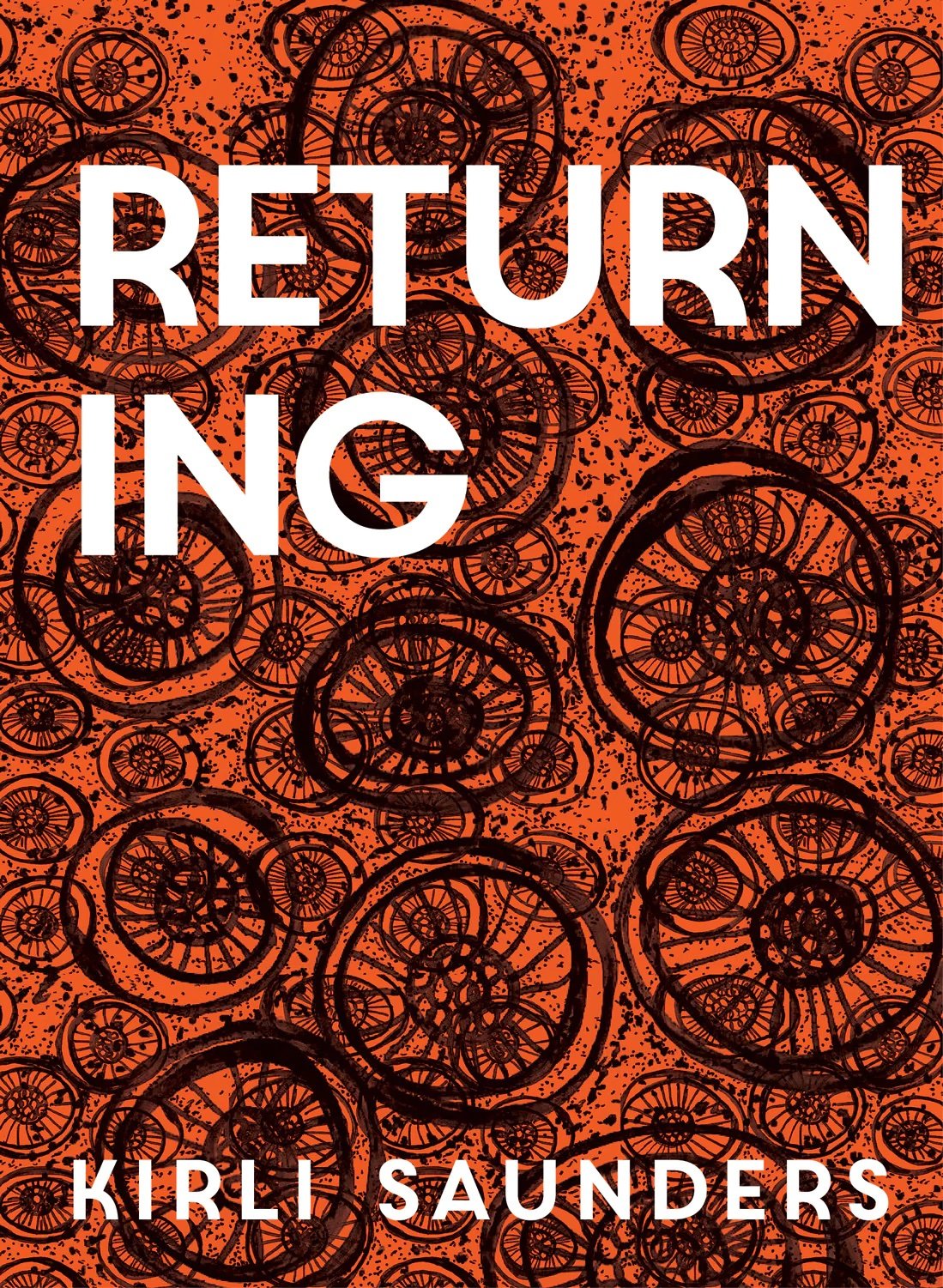 A brown book cover with black circular patterns. The title word is in large white block letters spread across two lines at the top of the page