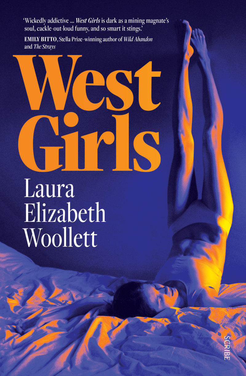A blue and orange book cover featuring a woman in her underwear with head and shoulders on a bed and legs straight up in the air. The title is in orange lettering to the left of the page with the author's name in white underneath