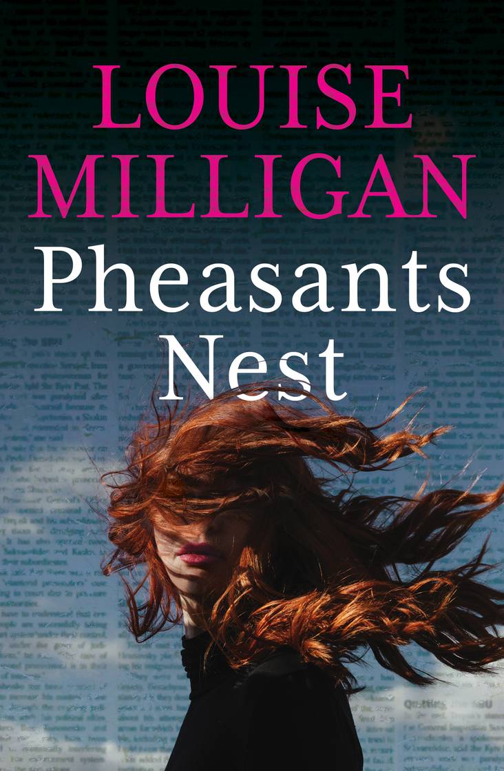 A book cover featuring a photograph of a woman whose face is obscured by her auburn hair blowing around her in the wind. A newspaper is transparent over the cloudy background and the authors name and title are in large pink and white lettering at the top of the page