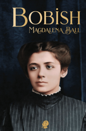 A navy blue book cover featuring a young white woman with her dark hair worn up and a high-collared black dress with white pinstripes. The title is in gold-brown uppercase letters in the top right hand corner