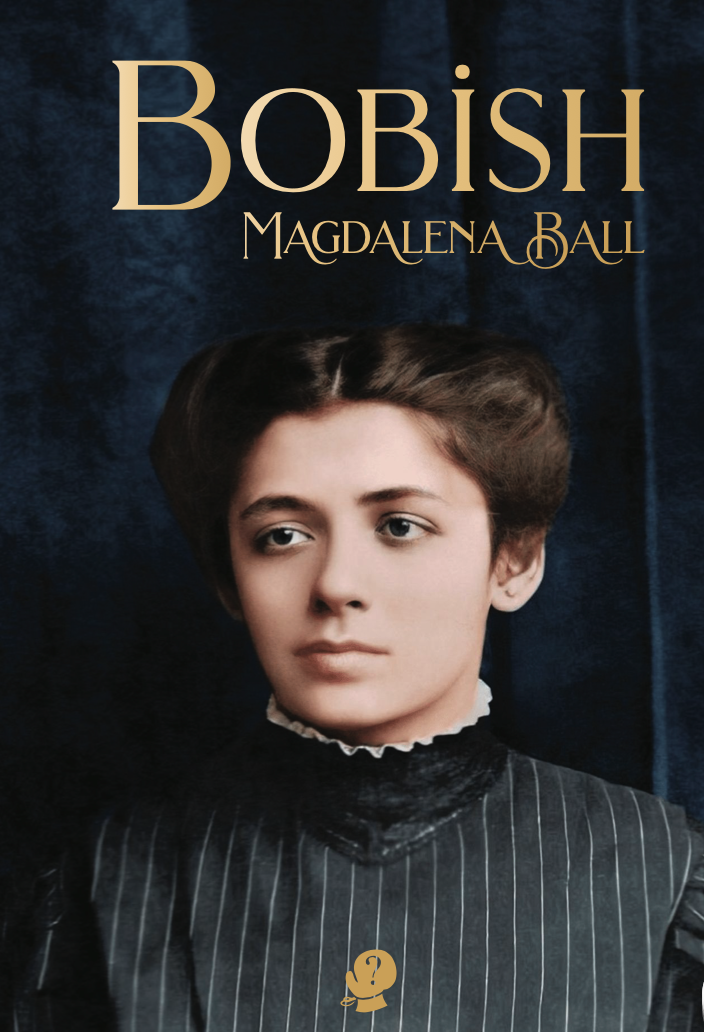 A navy blue book cover featuring a young white woman with her dark hair worn up and a high-collared black dress with white pinstripes. The title is in gold-brown uppercase letters in the top right hand corner