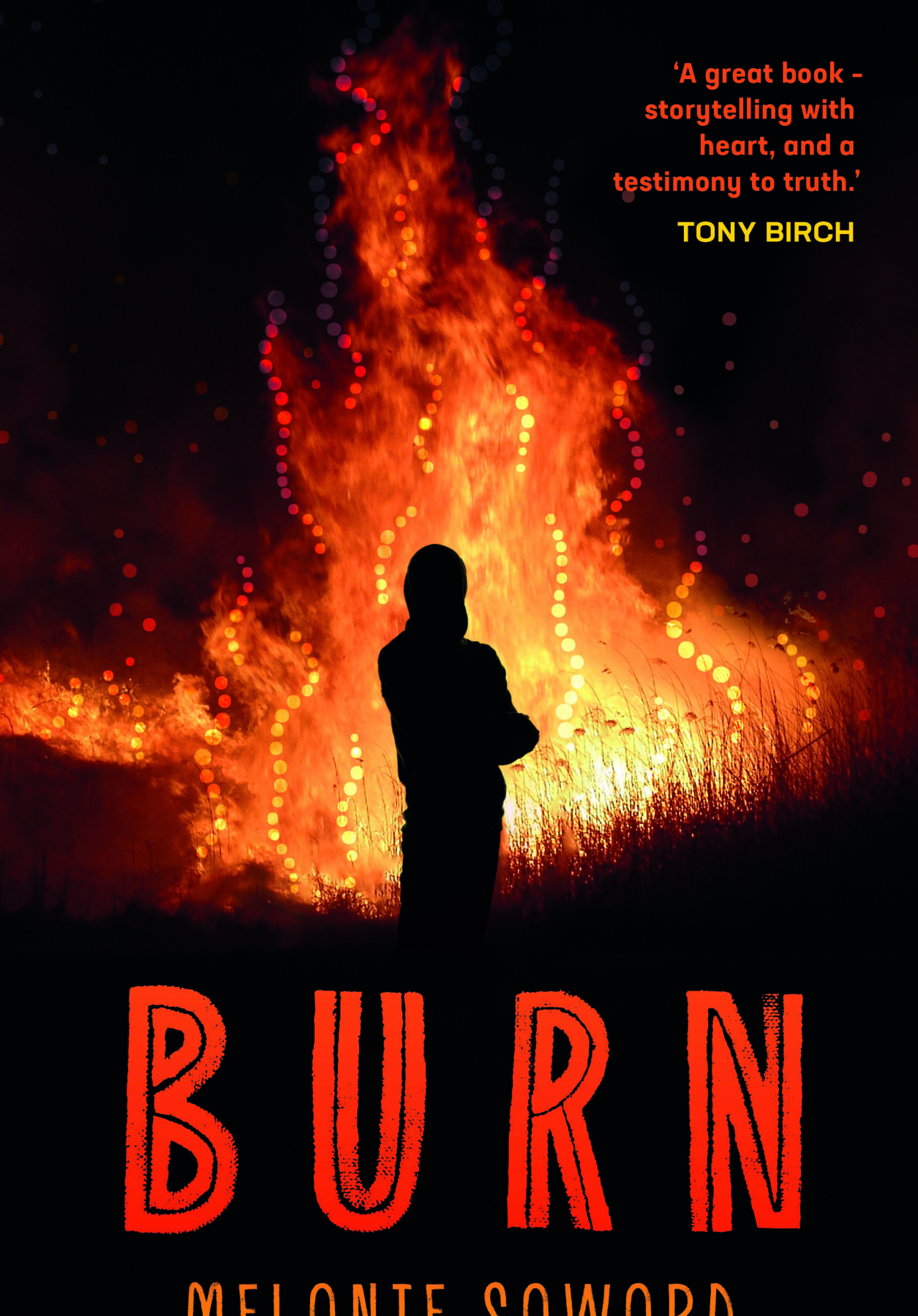 A dark book cover featuring a large flame and a silhouette of someone standing folded-arms in front. The title is in red lettering at the bottom of the page