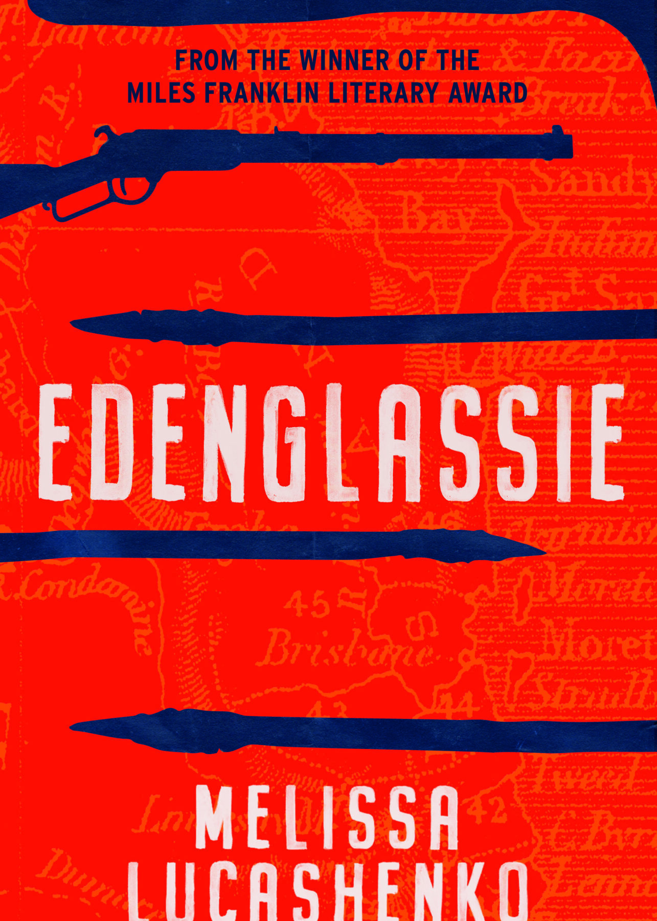 A red book cover with navy shapes of spears and a gun crossing it in horizontal lines. The title is in the centre in white uppercase lettering