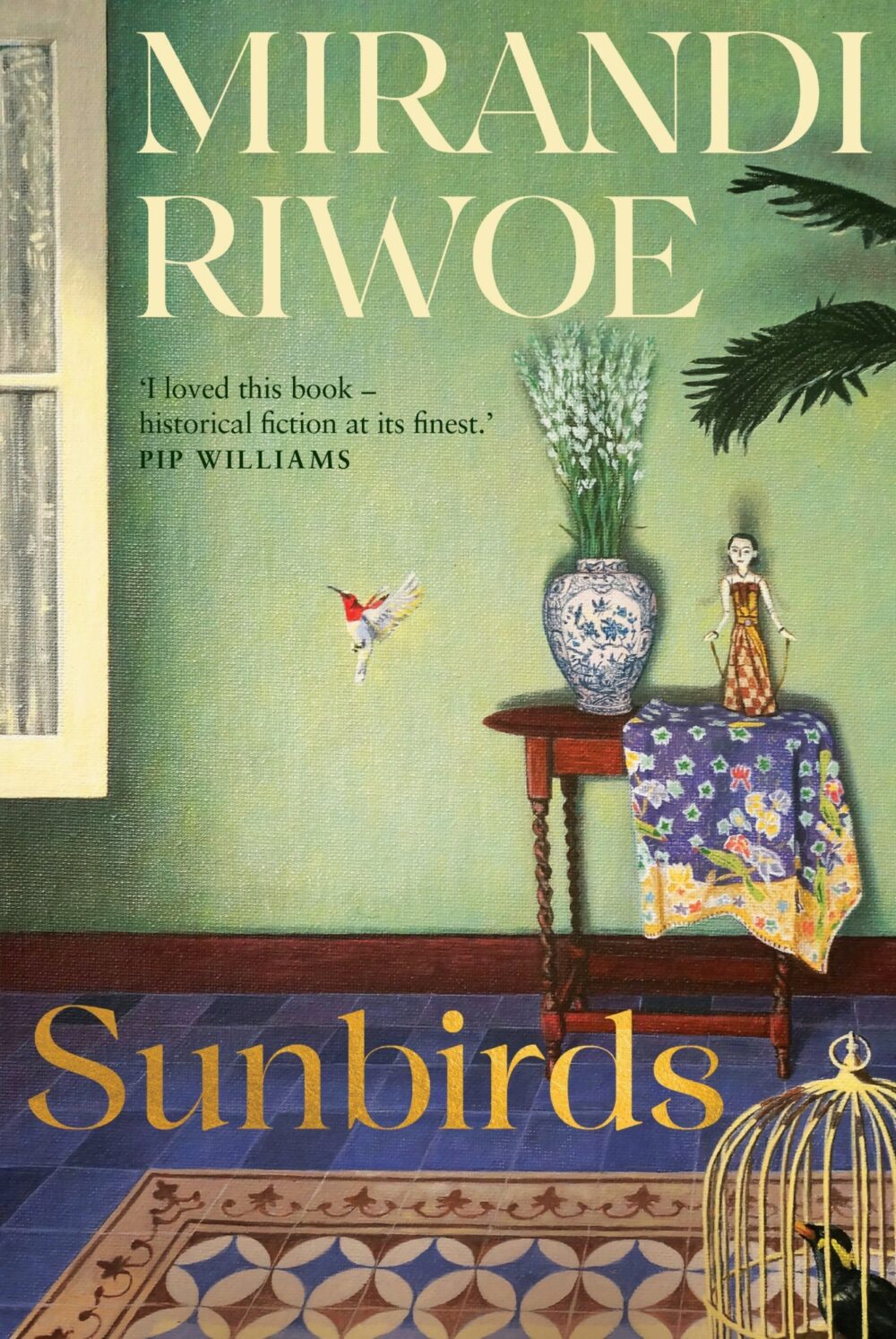 A book cover featuring an illustration of a room with a green wall and blue floor, and an end table with a vase of flower, a patterned cloth an a figurine.