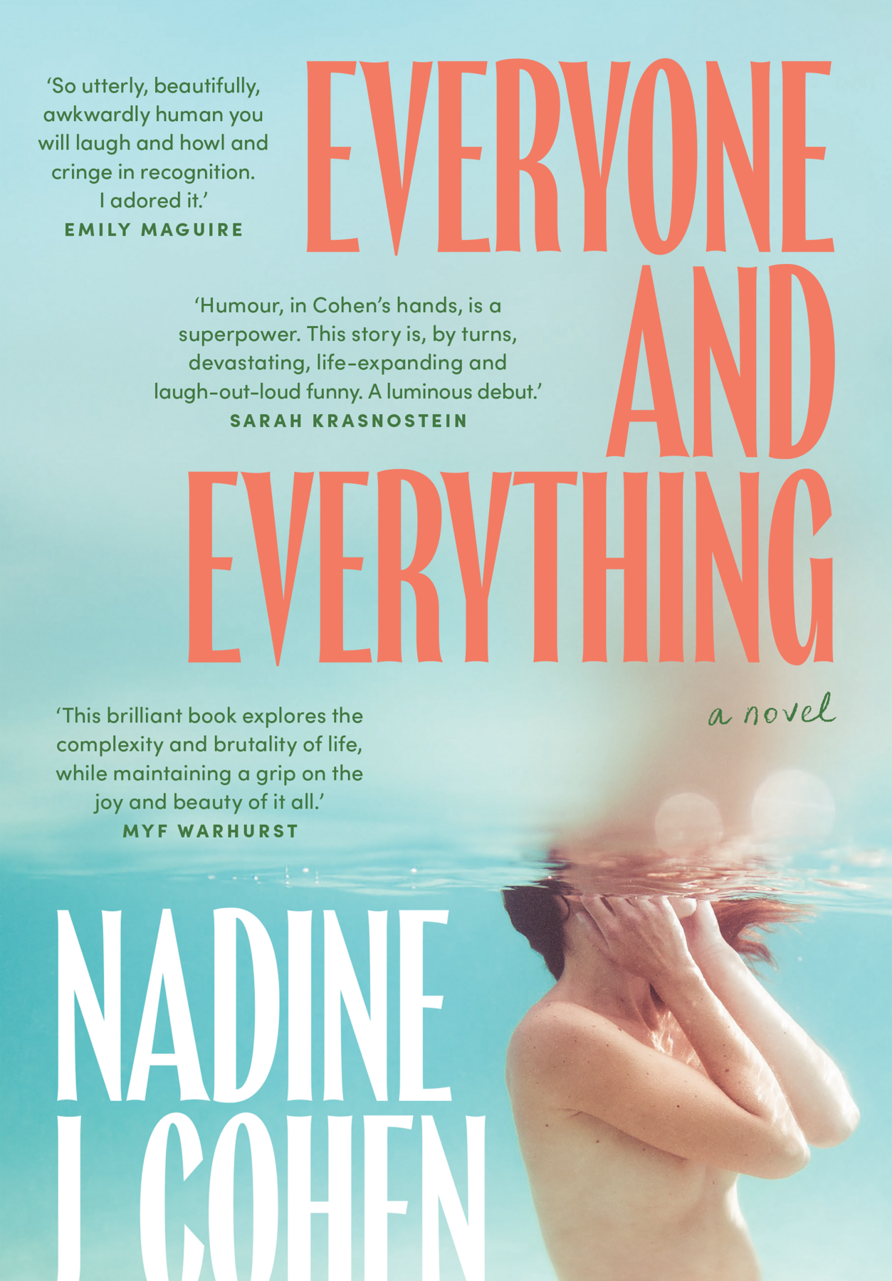 A blue book cover featuring a naked woman underwater, her face the the top of her head above the water and out of focus. The title is in large orange lettering covering the top right quadrant of the book and the author's name in white in the opposite corner