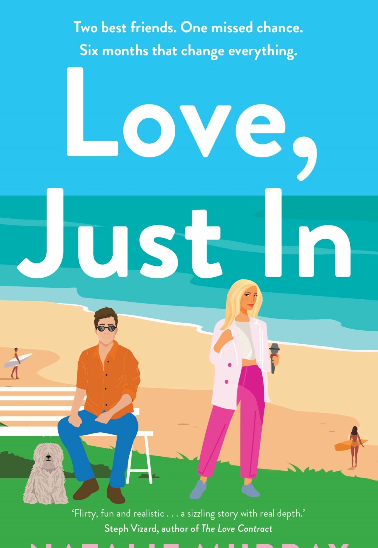 A book cover featuring an illustation of a man on a bench and woman walking past on grass in front of a beach and blue sky. The title is in white letters across the top half of the page