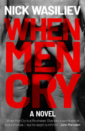 A book cover featuring a black and white close-up of a man holding his hands over his face in anguish, and the title overlaid at partial transparency in red letters that fill most of the page