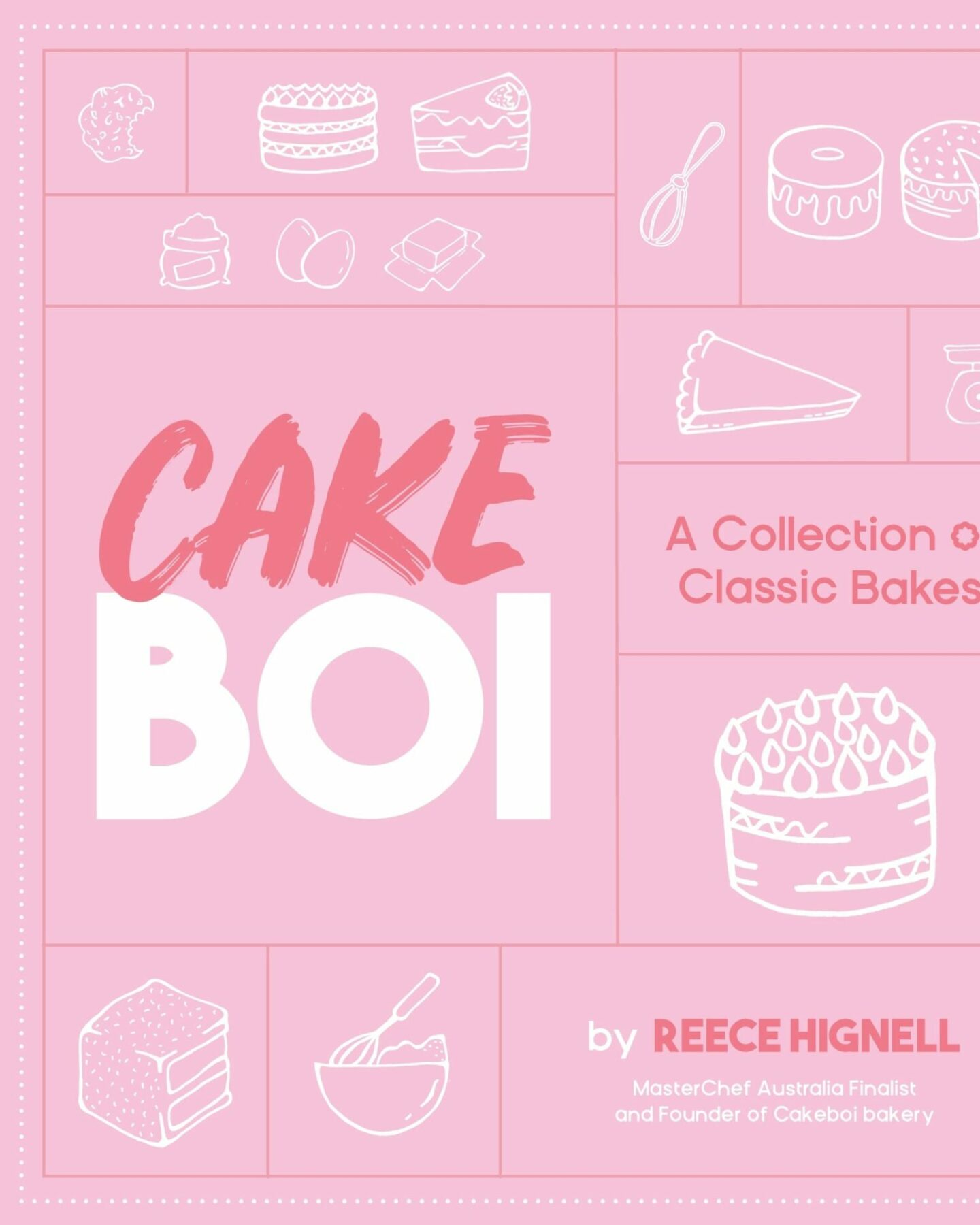 A pink book cover with simple white illustrations of various cakes, ingredients, and baking equipment