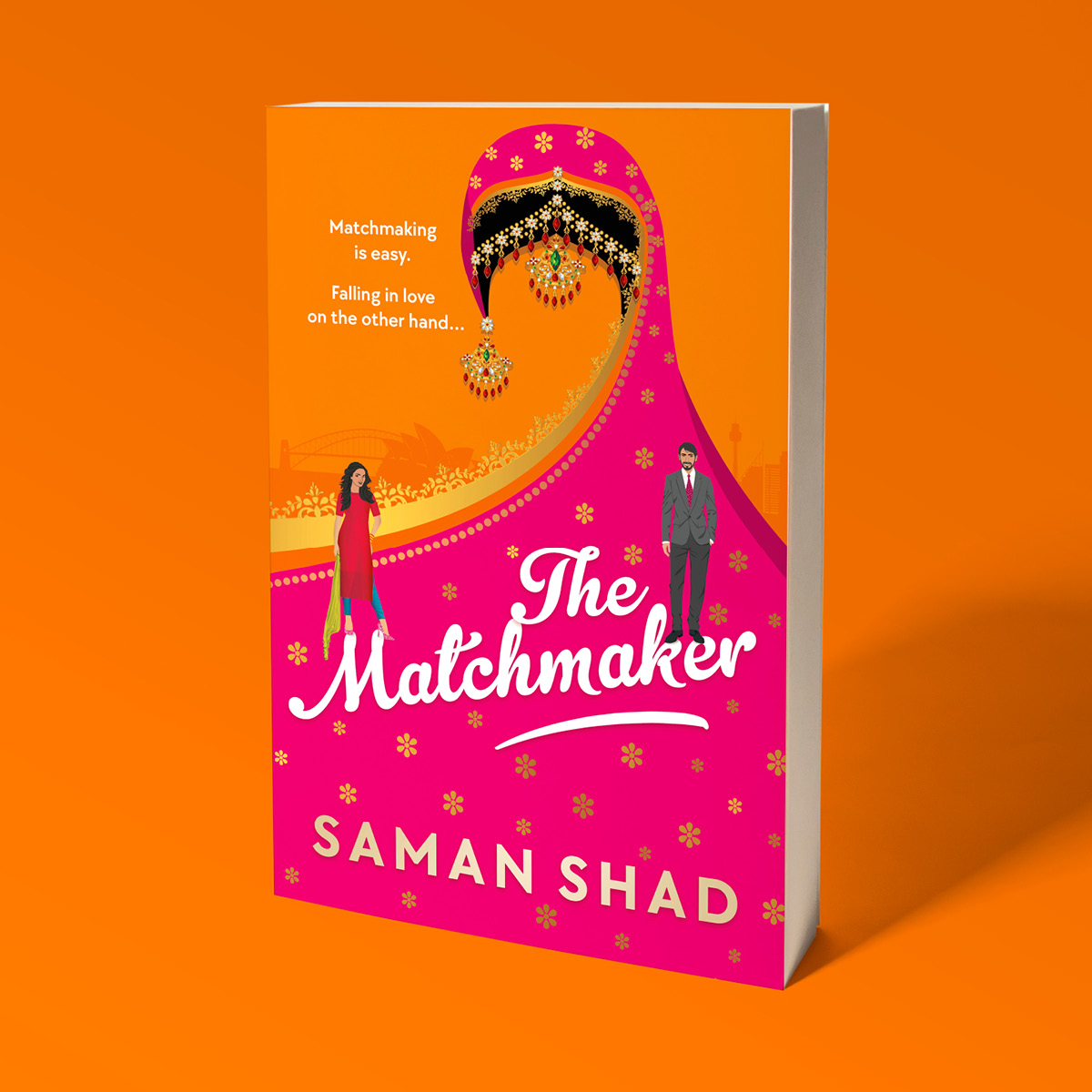 An orange and pink book cover featuring an illustration of a pink headscarf extending into a carpet that a man and woman stand on. The title is in white script font through the middle