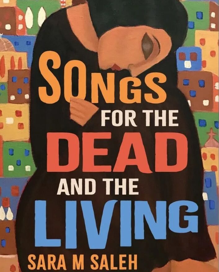 A colourful book cover wit an illustration of a woman dressed in black hugging somebody, head down and eyes closed. The title is in colourful letters across the black of the bodies