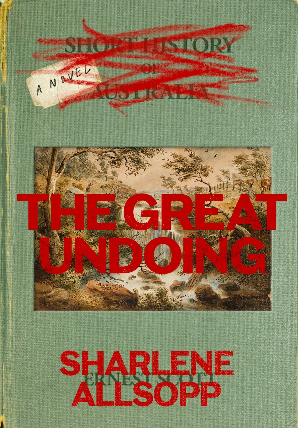 A green book cover with an image of a waterfall and trees in the centre, and the title over the top in red. There is a scribble of red over black text at the top of the page, and the author's name at the bottom