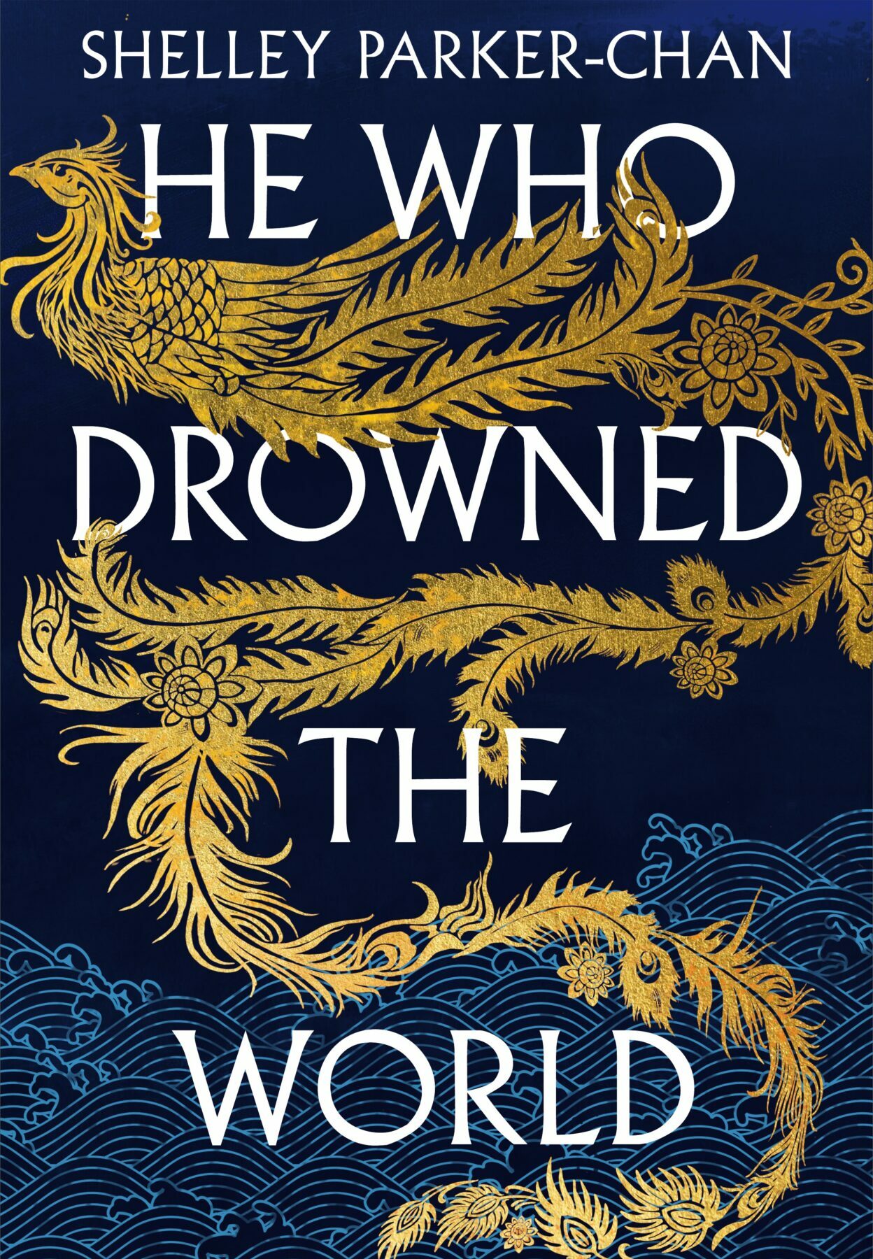 A blue book cover with the title in white block letters spanning the length of the page, intertwined with an illustration of a gold bird with a very long flowing tail