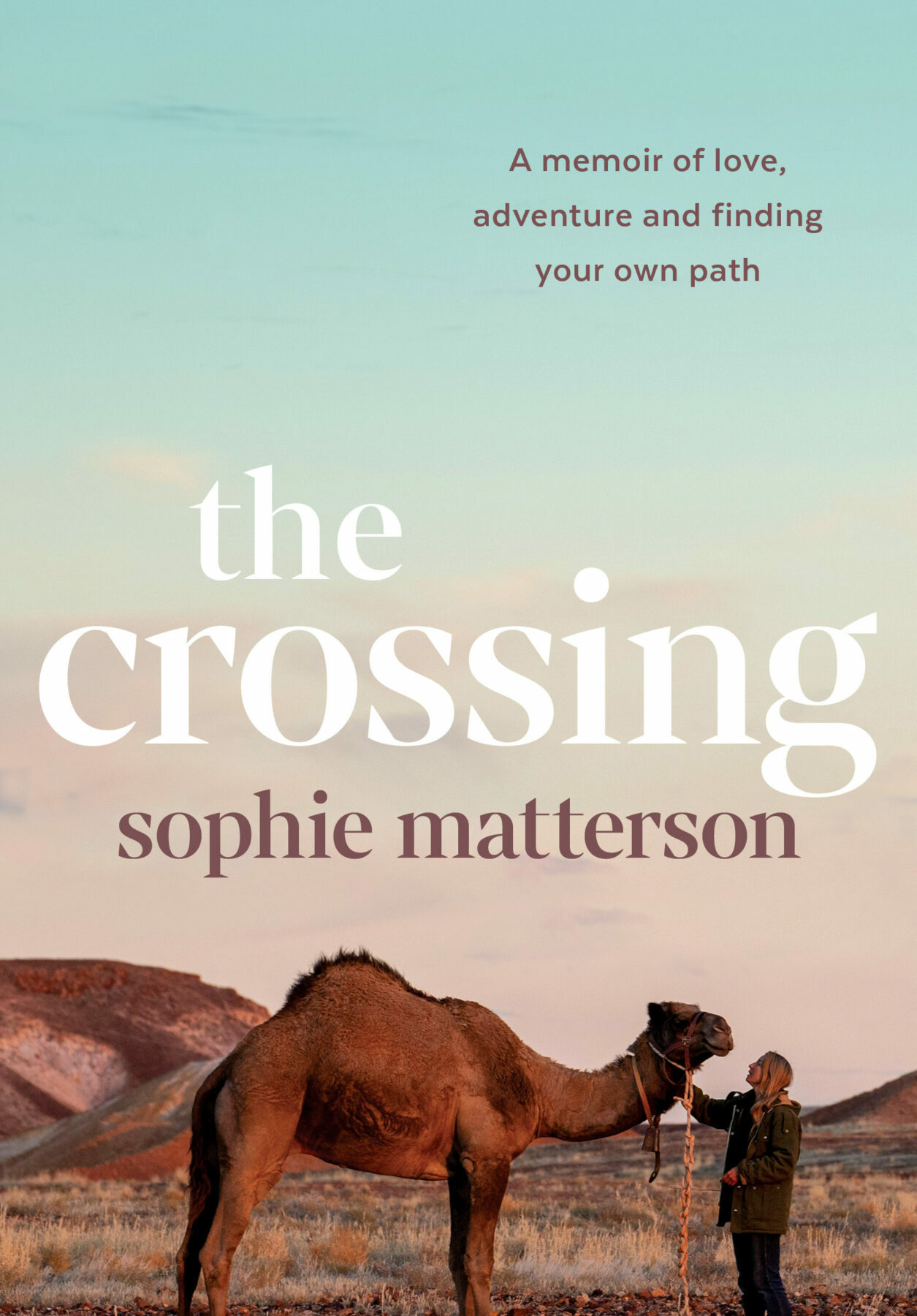 A book cover featuring a woman and a camel in a grassy landscape and the title in white lettering in the sky