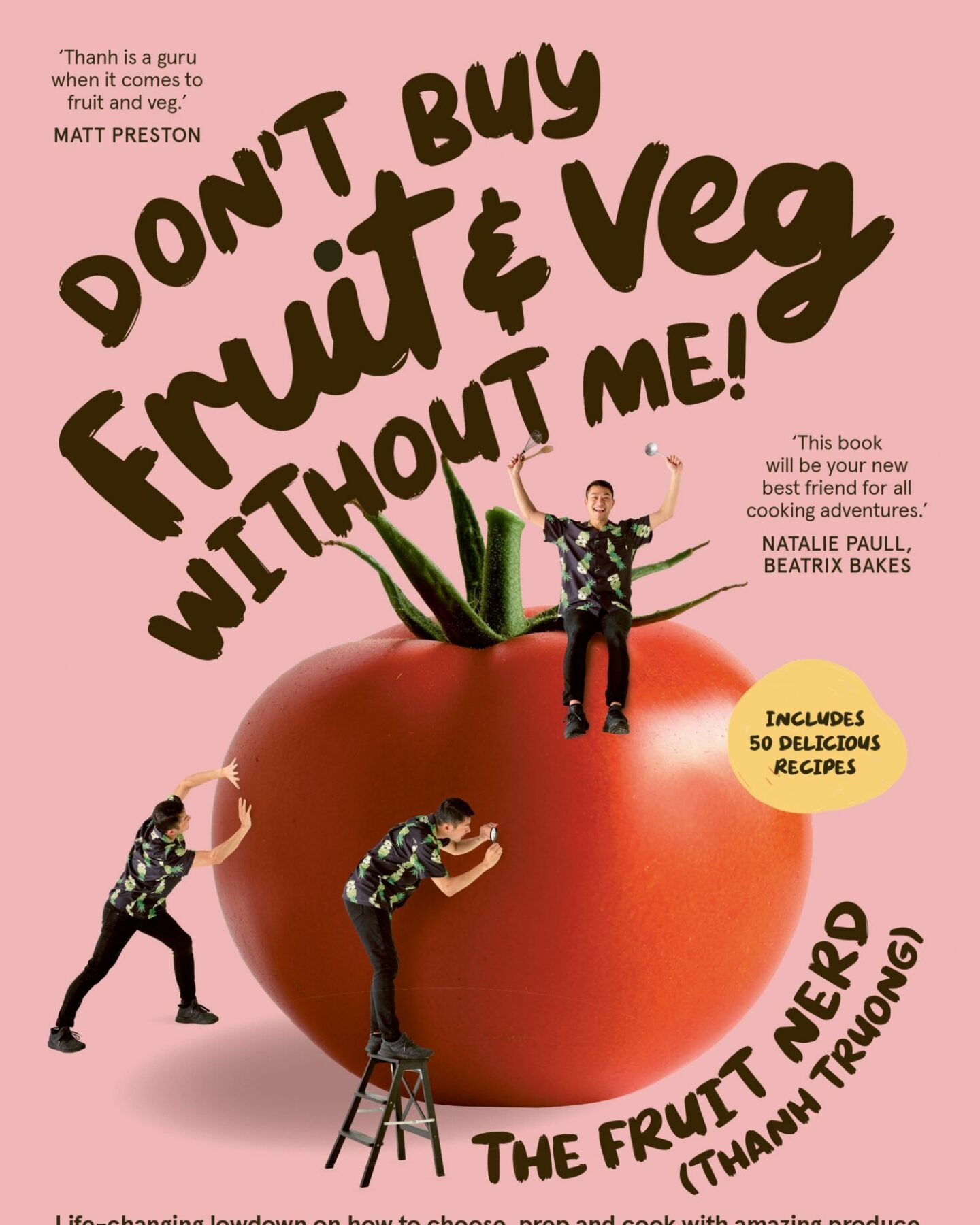 A pink book cover with a large tomato in the centre and images of Thanh sitting on, pushing, and inspecting the tomato. The title is in large brown letters curved around the top left corner of the tomato