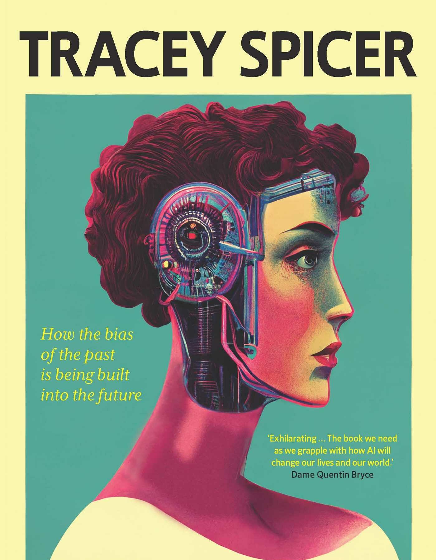 A book cover featuring an illustration of a face and curly hair, with electronic material covering the ear, chin and side of the neck. The author's name is in black letters at the top and the title in pinkish-red at the bottom