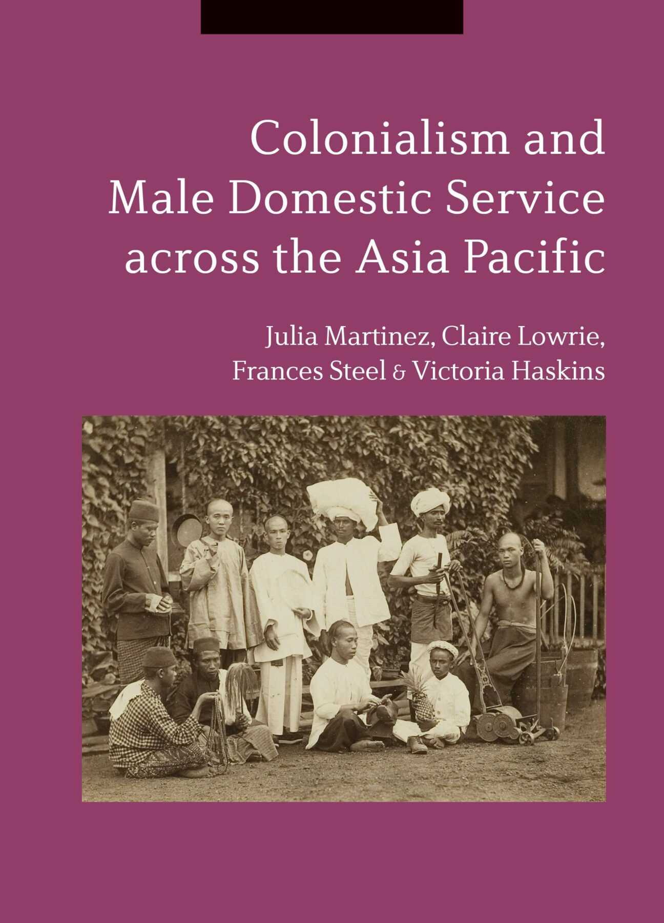 A purple book cover with a black-and white photograph in the centre, featuring a group of South-East Asian men holding various tools and household items.