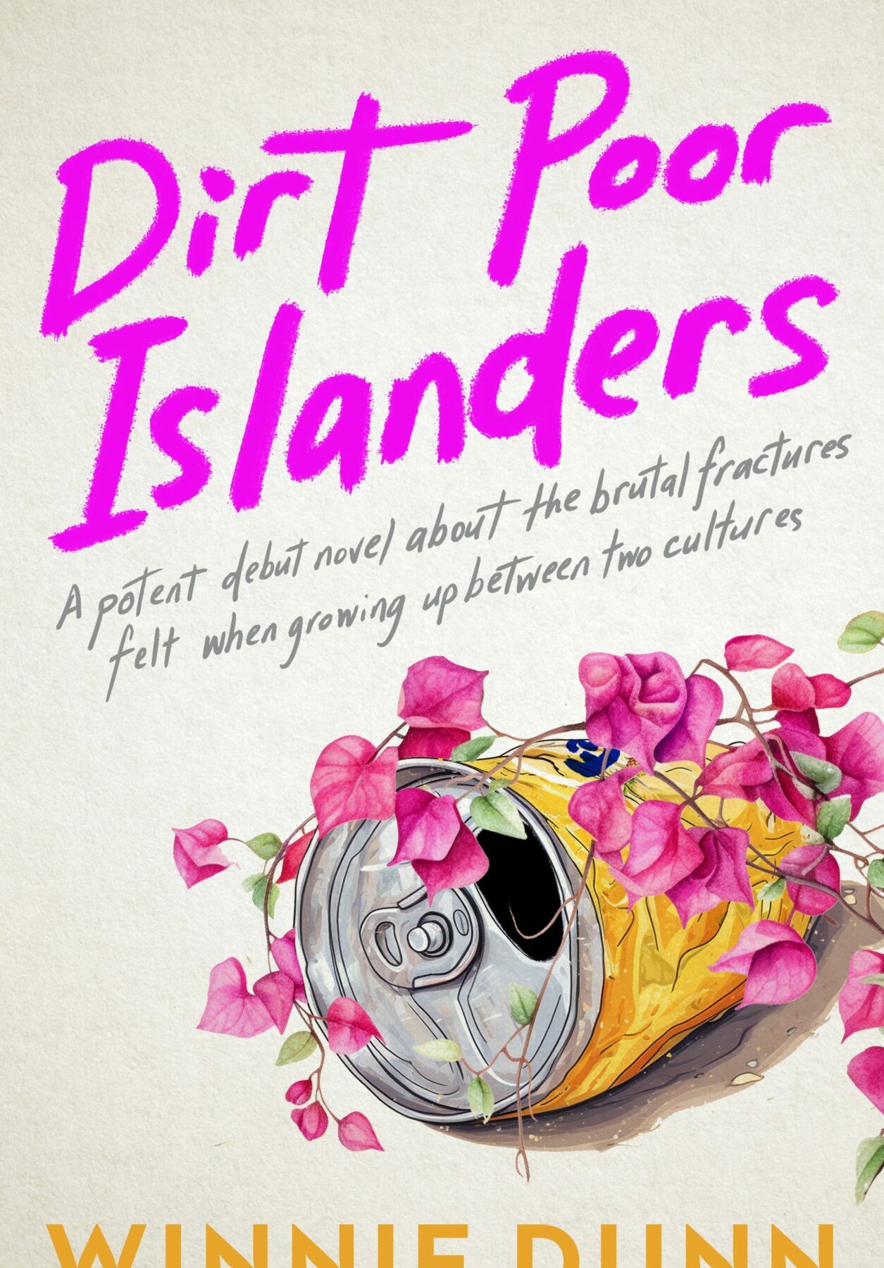 A book cover featuring an illustration of a drink can lying on the ground and a pink-leaved plant growing over the top of it. The title is in pink letters across the top third, and the author's name in yellow at the bottom