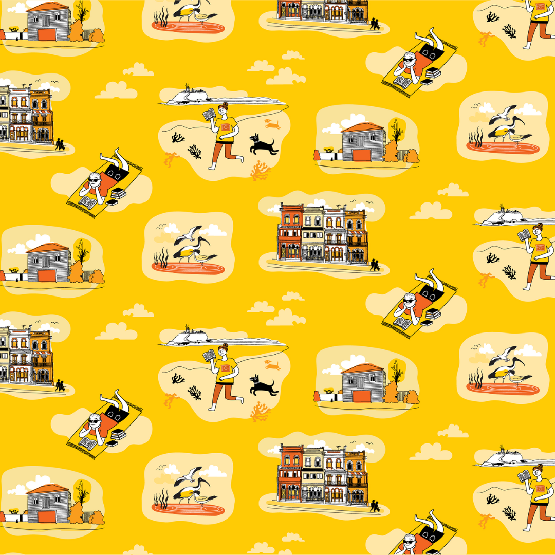 A vibrant artwork by Caelli Brooker featuring a yellow background with repeated illustrations of a character reading a book while lying on a towel, bin chickens, a runner reading with Nobbys lighthouse in the background, and a variety of buildings such as a rustic house and a series of terraces.