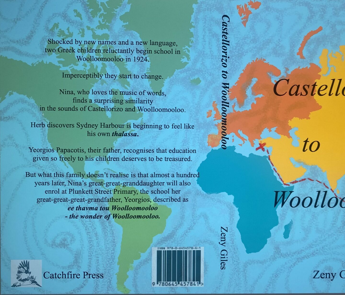 A blue book cover featuring a map with continents in different colours and a dotted line tracking from one red X in Greece to another on the east coast of Australia. The title is overlain in black text